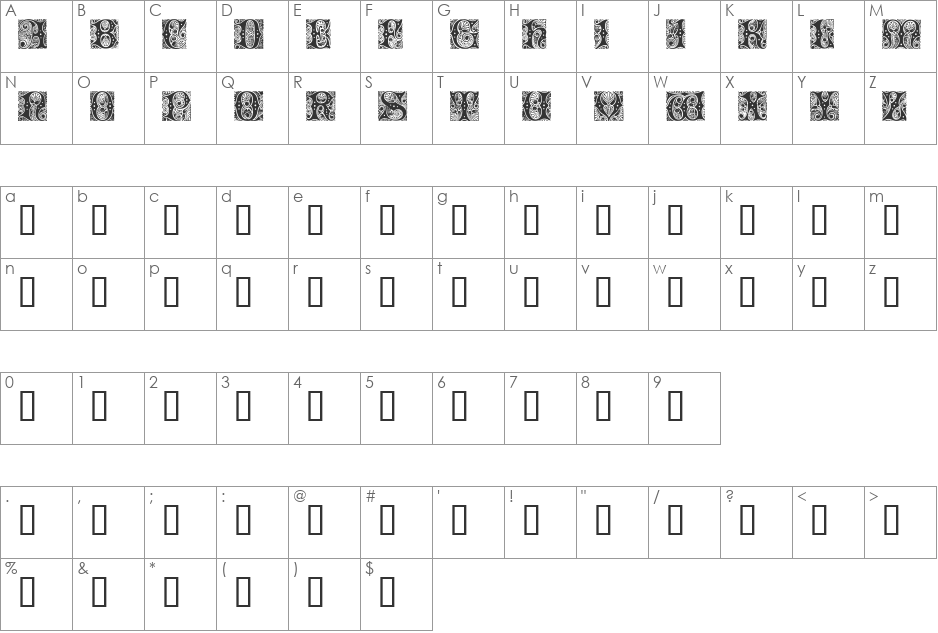 Cheshire Initials font character map preview