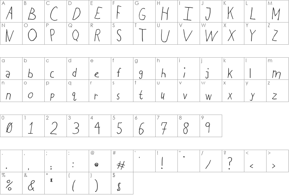 Chicken Scratch font character map preview