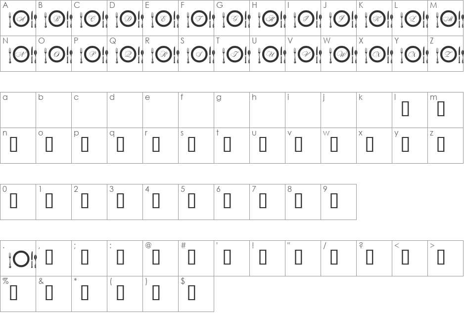 AL Place Settings Letters font character map preview