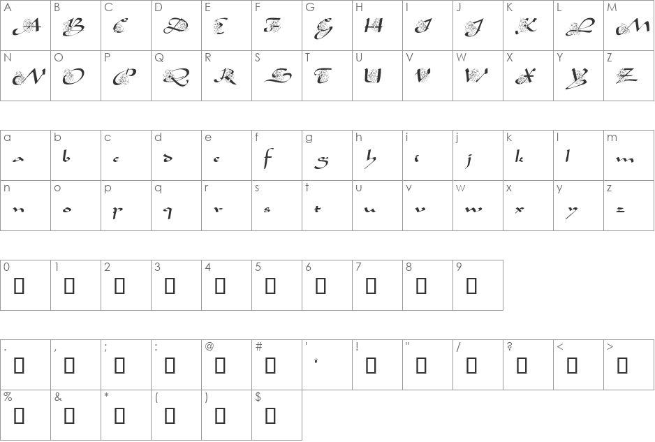 AL Princess Jasmine font character map preview