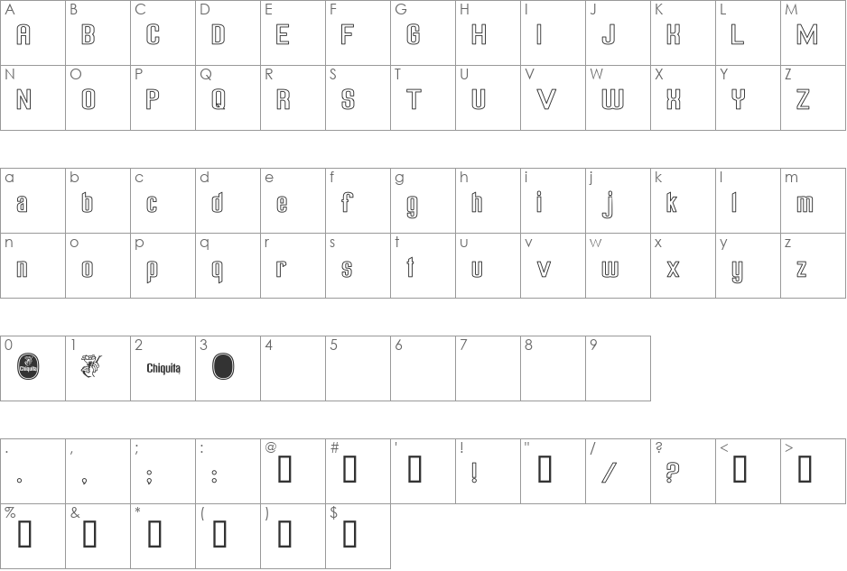 Chiquita Outlined font character map preview