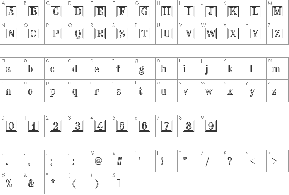 Chisel Becker Ini font character map preview