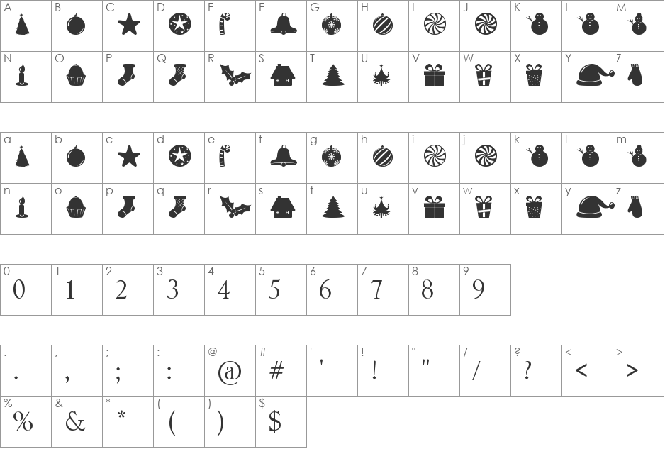 Christmas Shapes font character map preview