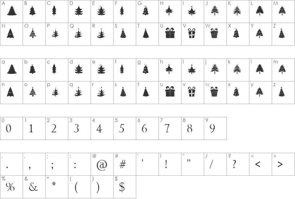 Christmas Trees font character map preview