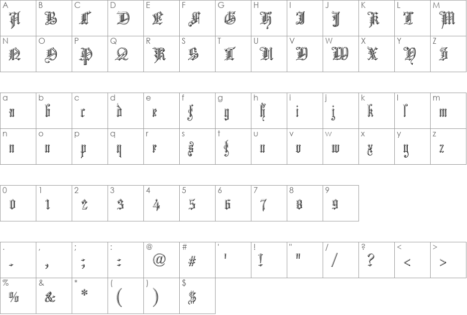 Church Text 'Shaded' font character map preview