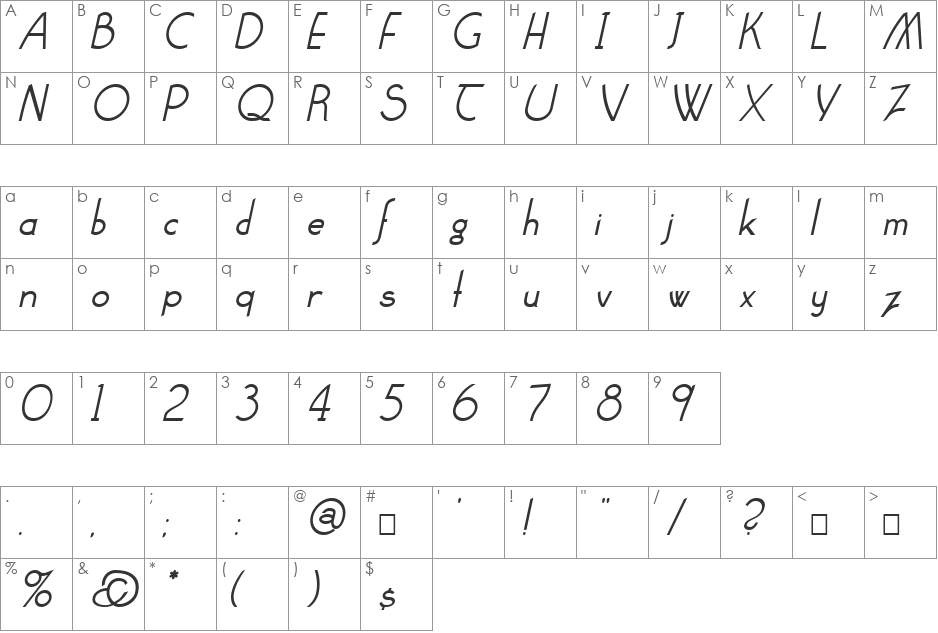 Claritty_Italic font character map preview