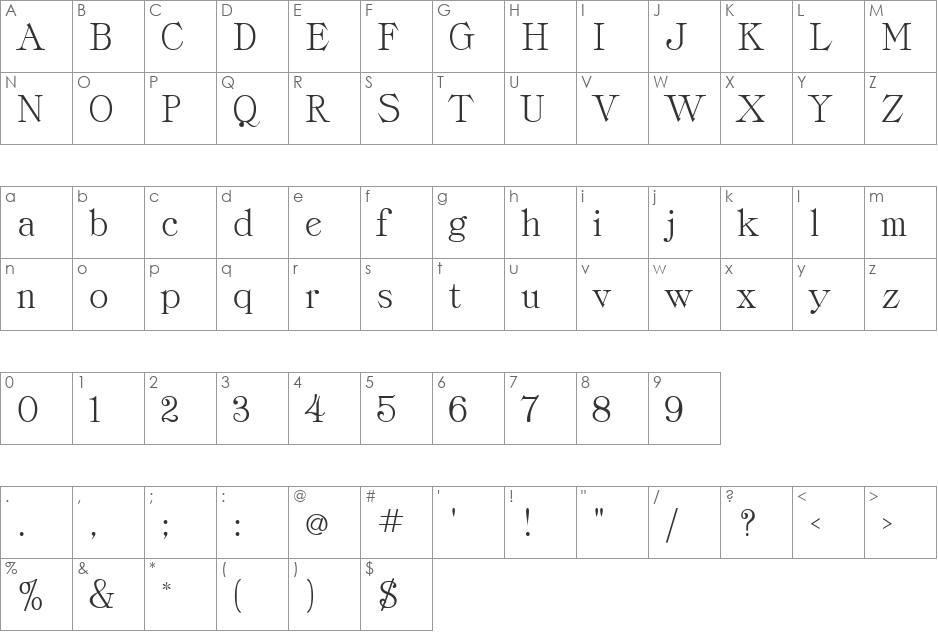 Classica font character map preview