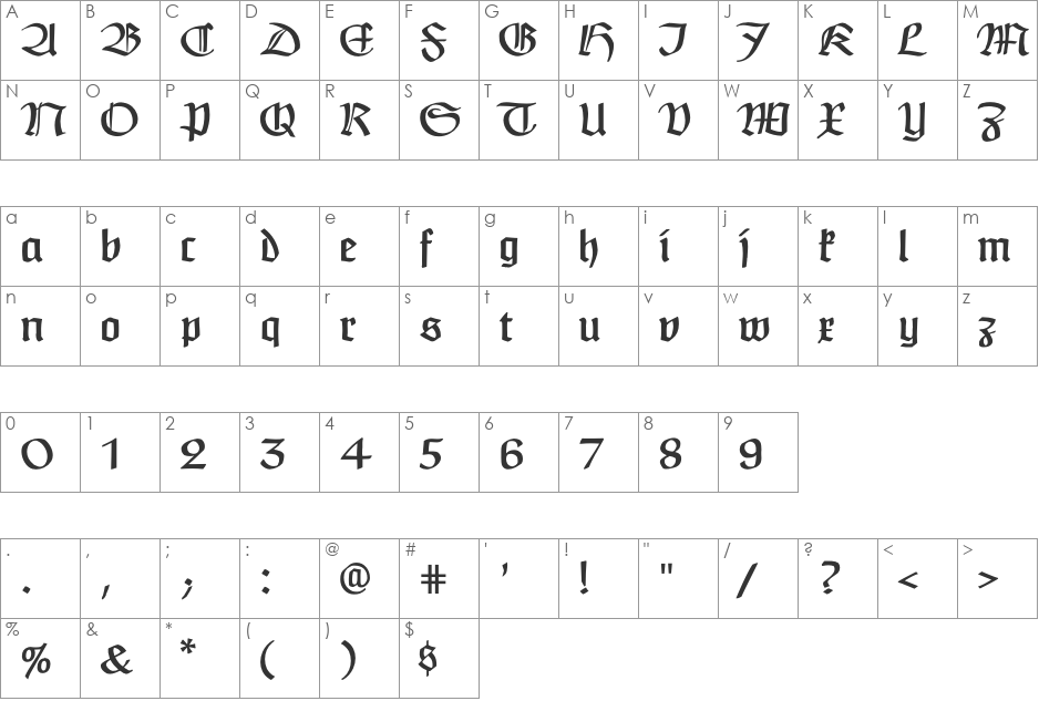 Claudius font character map preview