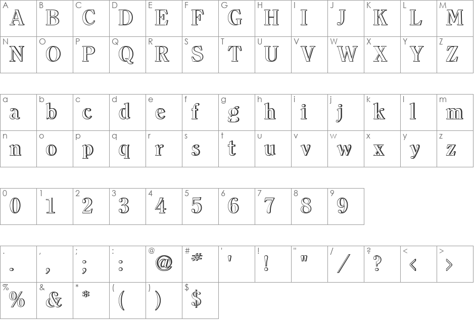 Clearface Outline Shadow font character map preview