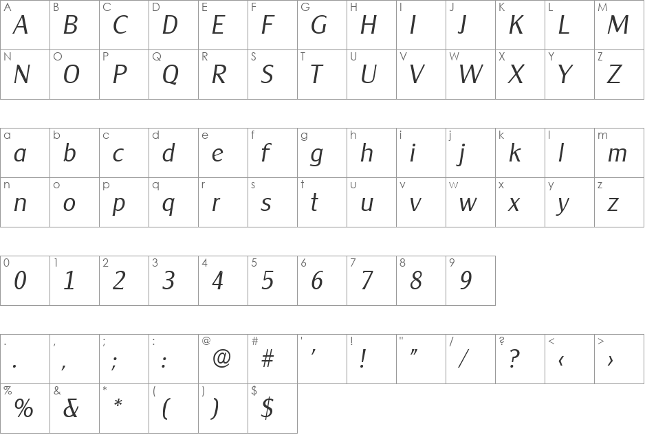 Cleargothic-LightIta font character map preview