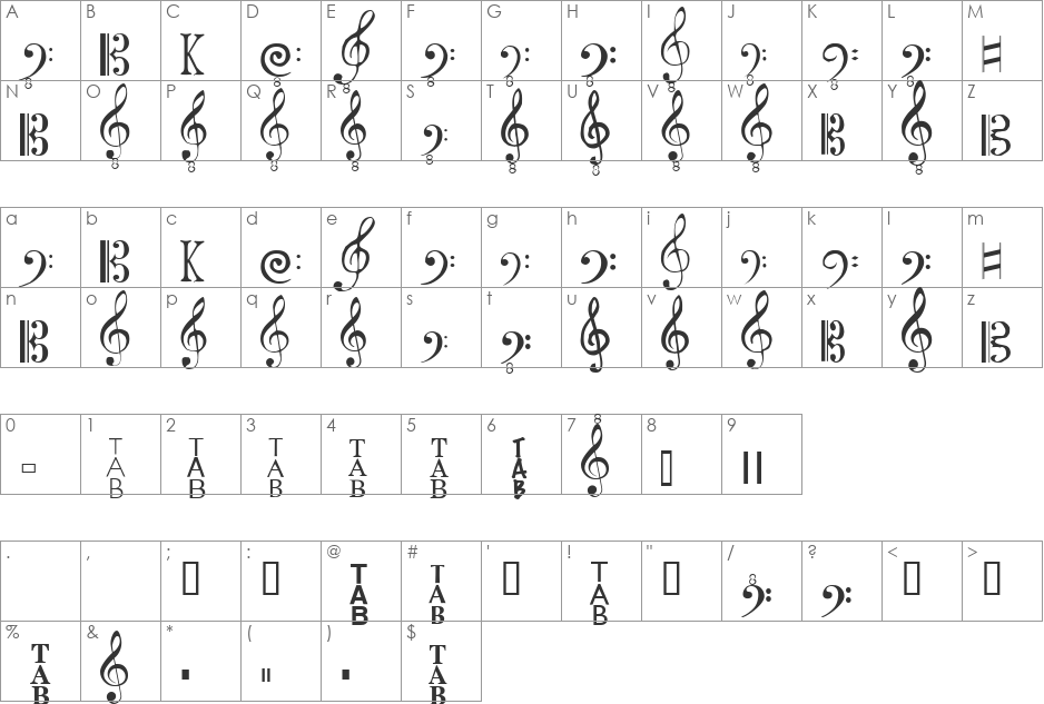 Clefs font character map preview