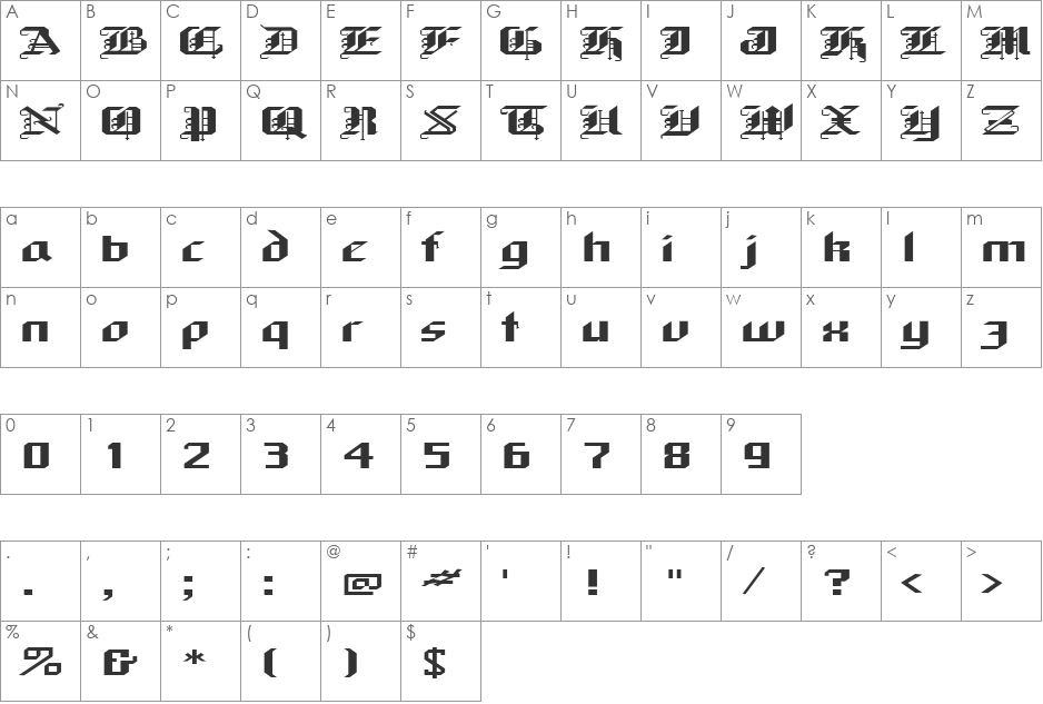 Alarich font character map preview