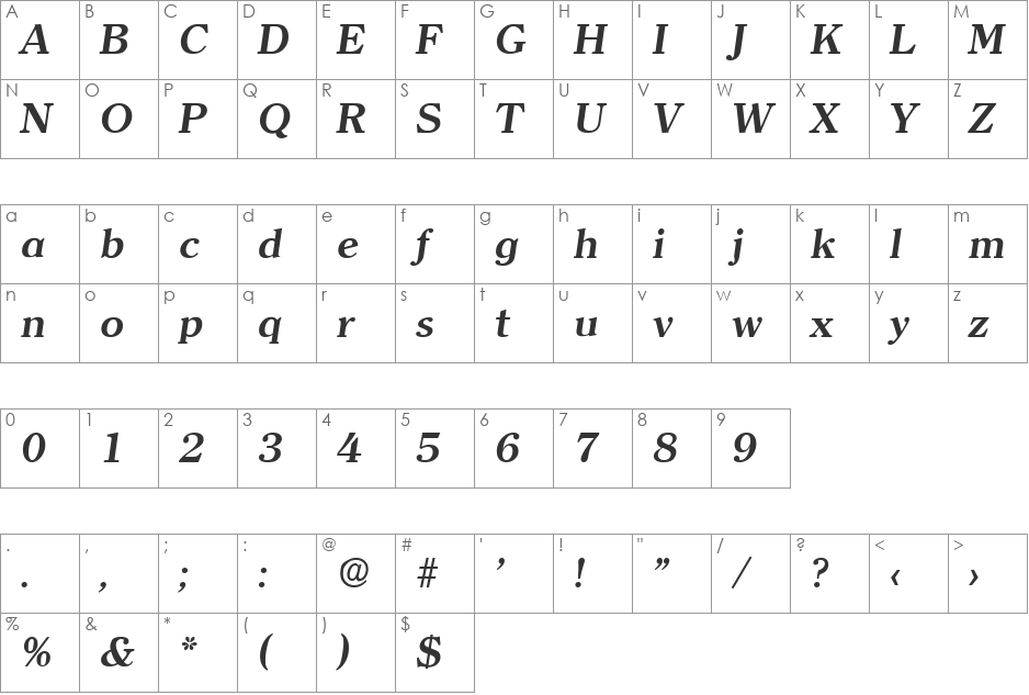 Clerface-DemiBoldIta font character map preview