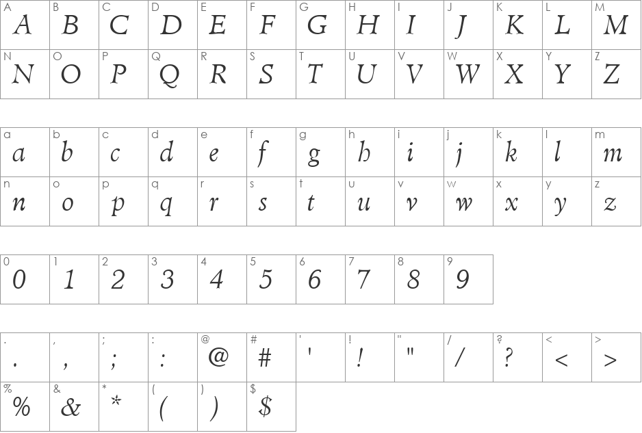 ClericLightSSi font character map preview