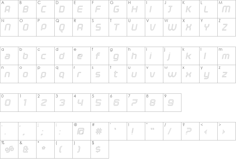 ClickLight Oblique font character map preview