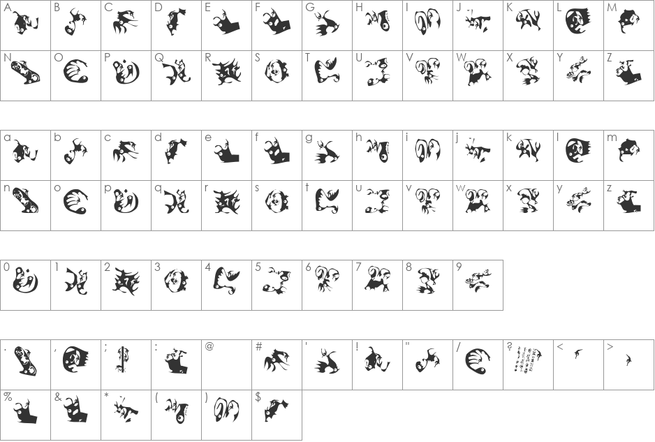 Climbats font character map preview