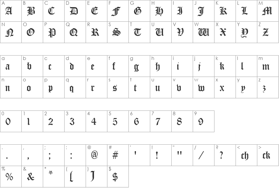 Cloister Black font character map preview