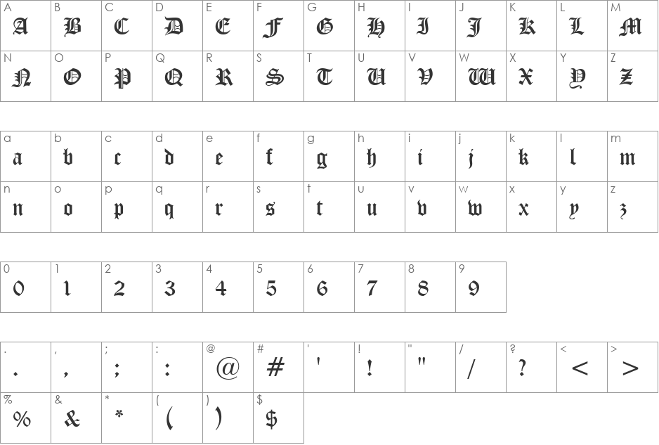 CloisterBlack BT font character map preview