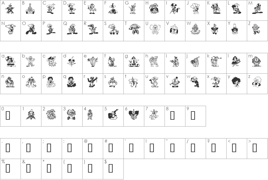 Clowners font character map preview