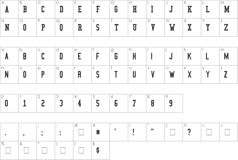 College Condensed font character map preview