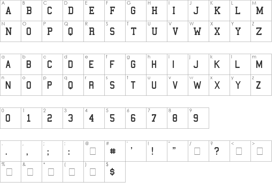 College Semi-condensed font character map preview