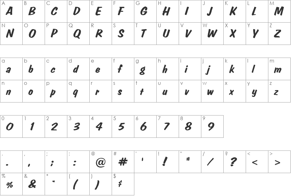 ColoniaBrush font character map preview