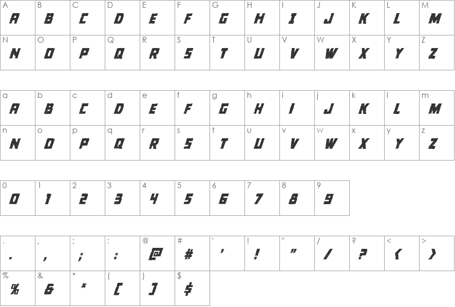 Colossus Condensed Italic font character map preview