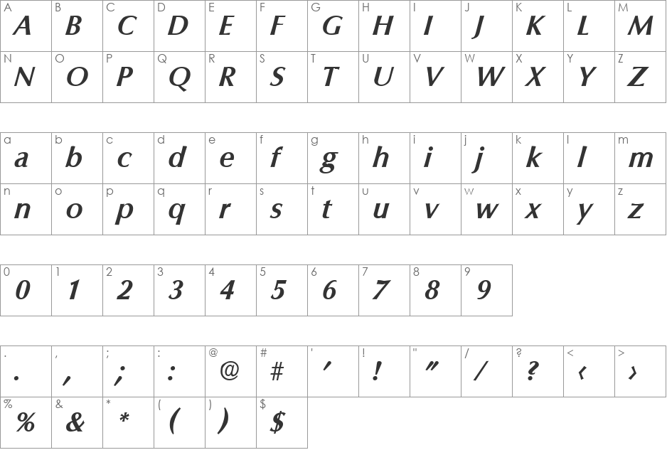 Columbia-DemiBoldIta font character map preview