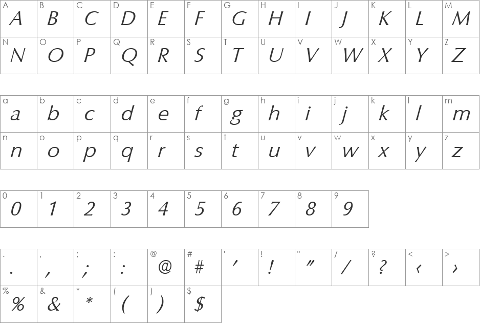 Columbia-LightIta font character map preview