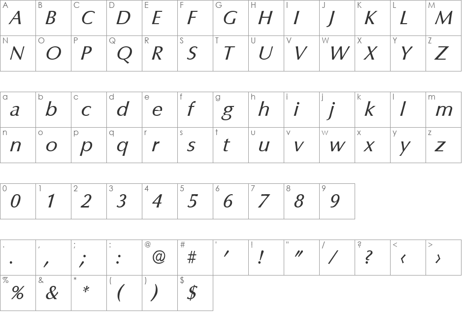 Columbia-RegularIta font character map preview
