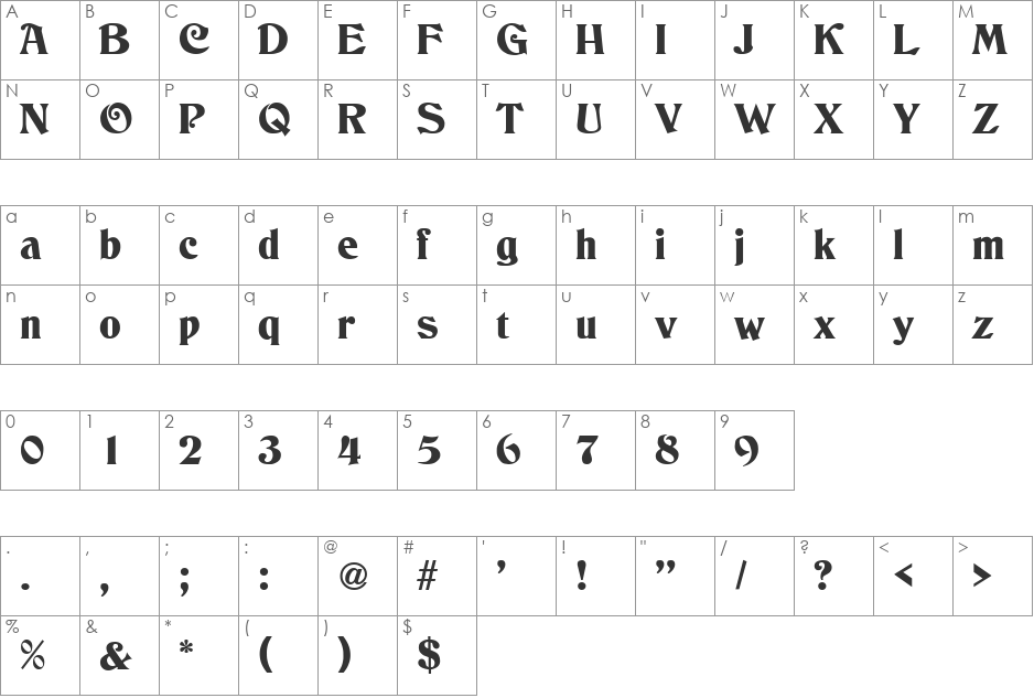 Columbo SF font character map preview