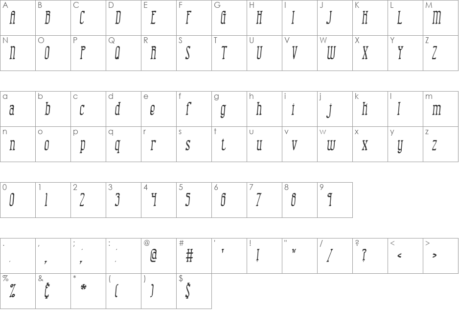 Combustion II BRK font character map preview