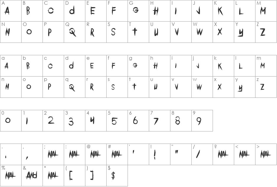 Comeback Of The Damned font character map preview