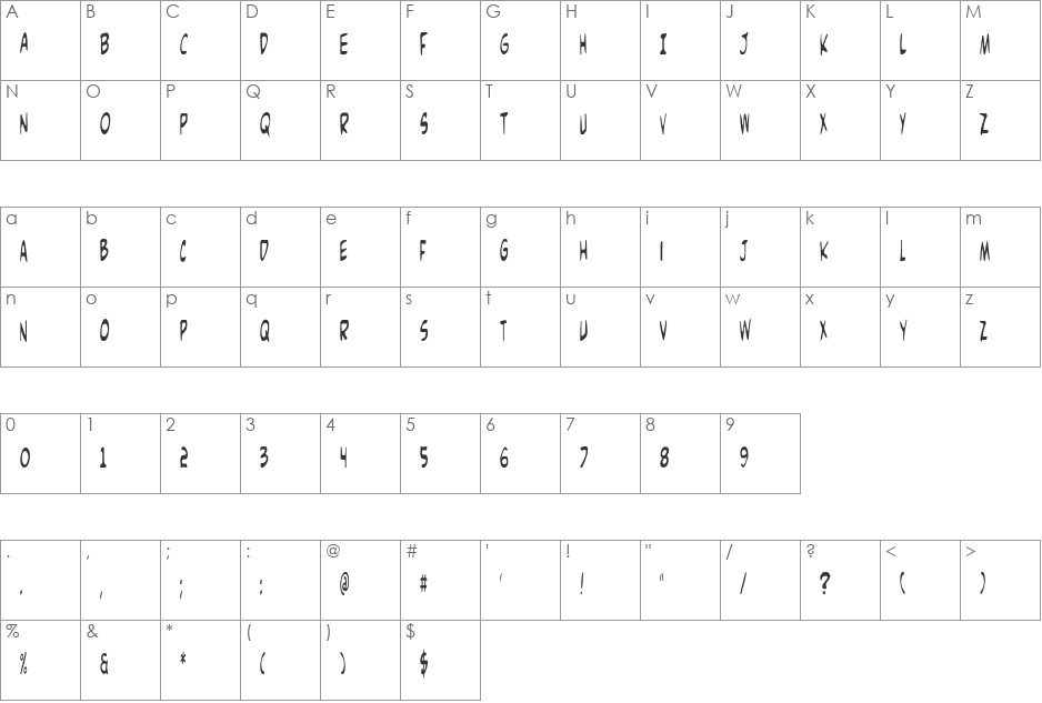 Comic Book Commando Condensed font character map preview