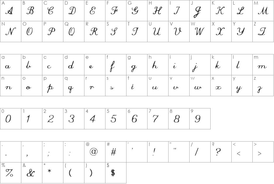 Commercial-Script font character map preview