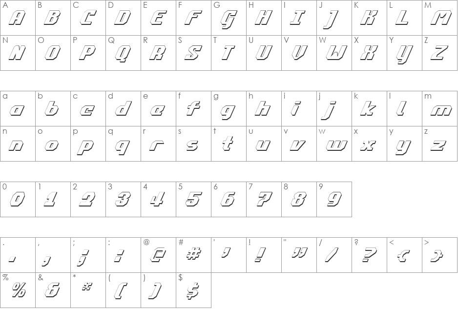 Commonwealth 3D Italic font character map preview