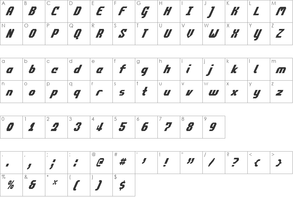 Commonwealth Condensed Italic font character map preview