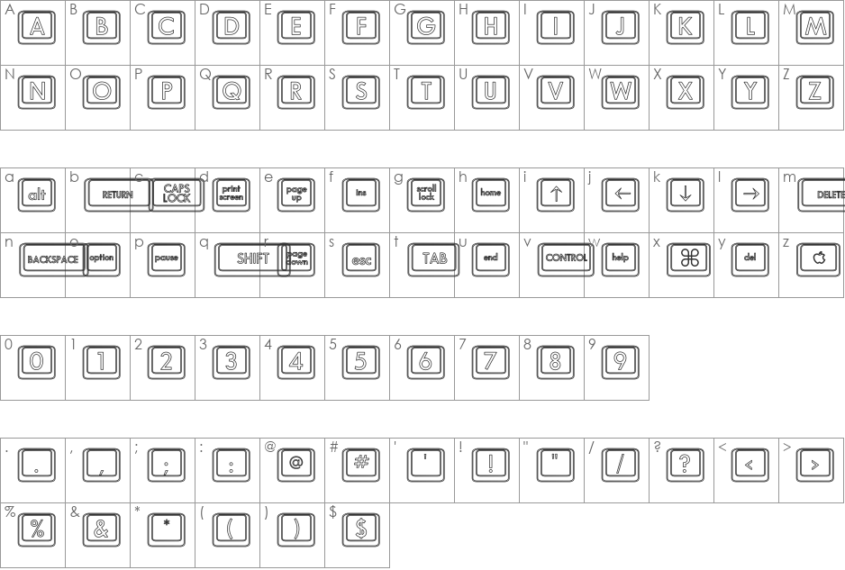 Compkey2 Hollow font character map preview