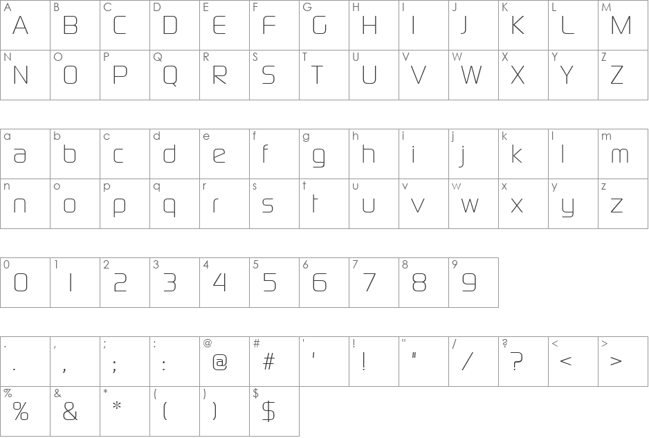Continuum Light font character map preview