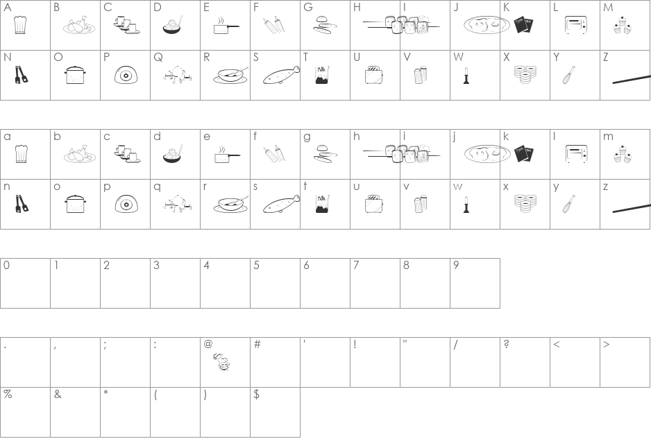 Cooking Set font character map preview