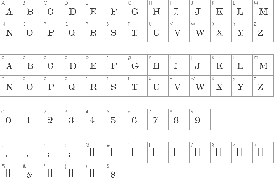 Copperplate Roman font character map preview