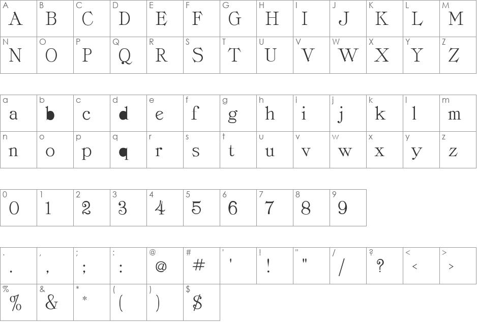 Cordella-Roman font character map preview