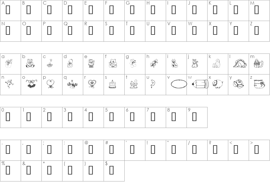 Country Cuties font character map preview