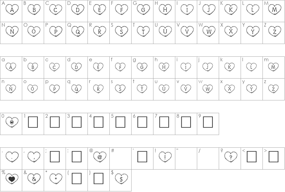 Country Hearts font character map preview