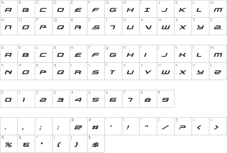 Alexis Italic font character map preview