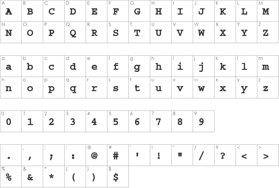 Courier Dark font character map preview