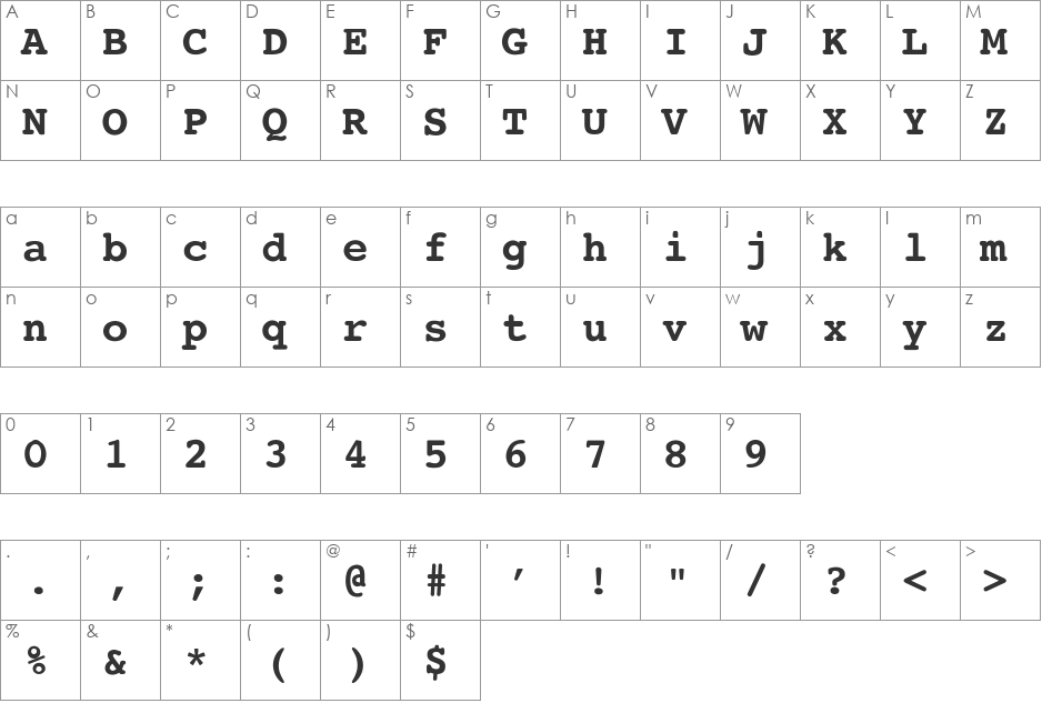 Courier-Bold font character map preview