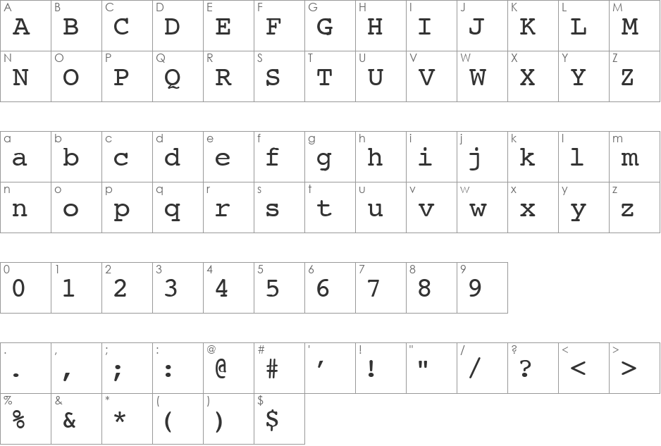 Courier-Normal font character map preview