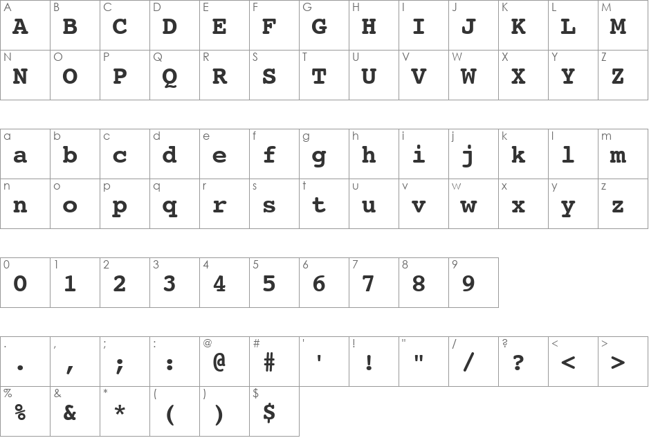 Courier10 BT font character map preview