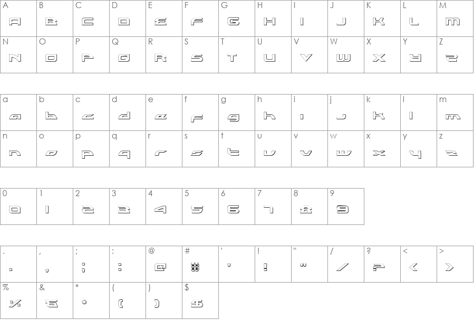 Alexis Lower Case Outline font character map preview